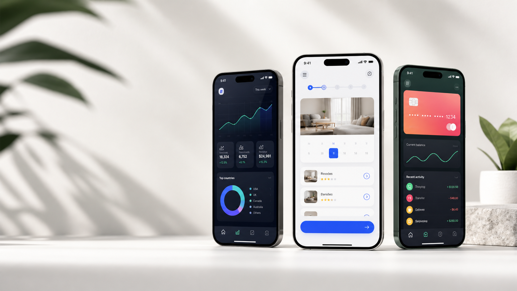 Three modern smartphones showing polished mobile app interfaces
